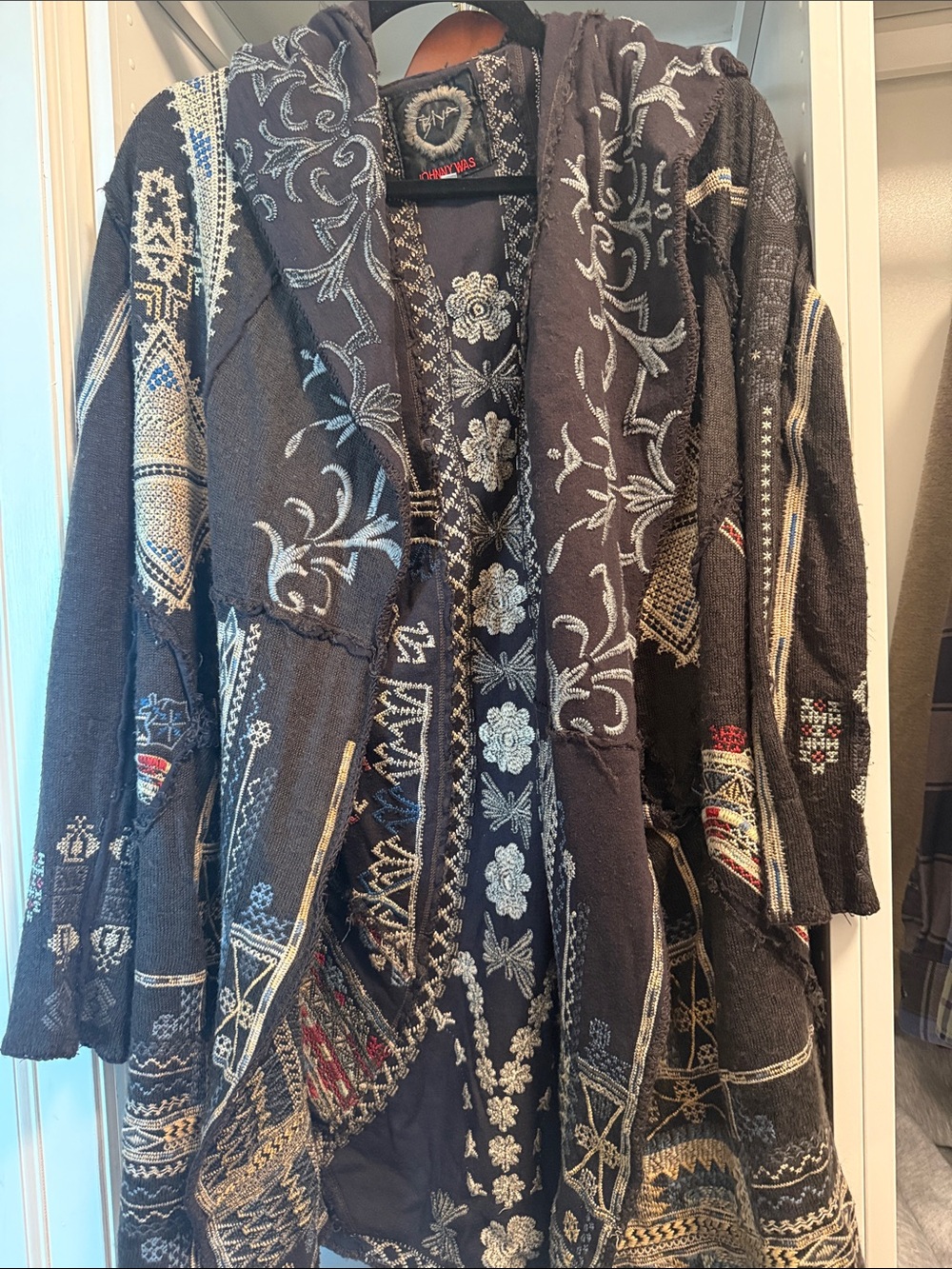 Johnny Was Black Embroidered Hooded Cardigan with Cream & Red Accents